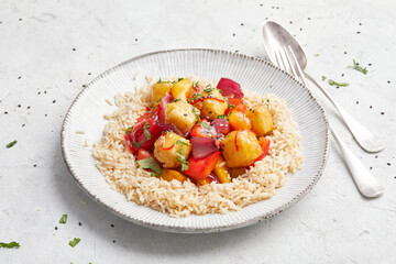 Sweet and Sour Pumpkin and Tofu with Brown Rice