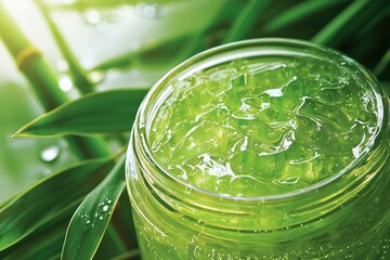 Fresh gel with bamboo extract and green bamboo stems and leaves
