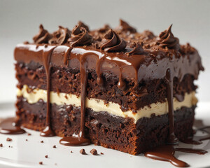 a piece of chocolate cake on a white background