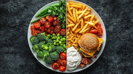 Comparison of Healthy Vegetables and Unhealthy Fast Food on a Divided Plate