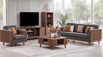 Fototapeta premium Elegant Japandi Living Room Design with Grey Sofa and Wood Cabinet