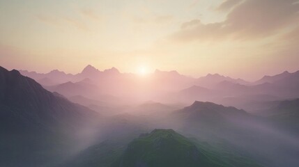 Obraz premium Misty mountain landscape at sunrise with soft pastel colors