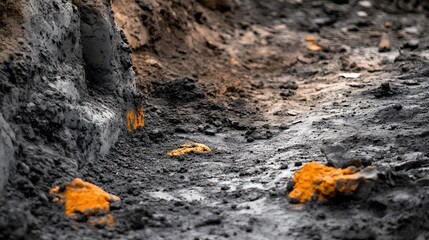 Abstract Gray and Brown Dirt Ground Texture with Orange Splashes