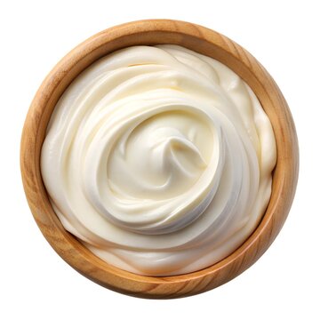 Sour Cream in wooden bowl, Mayonnaise, Yogurt, isolated on white background, clipping path, full depth of field

