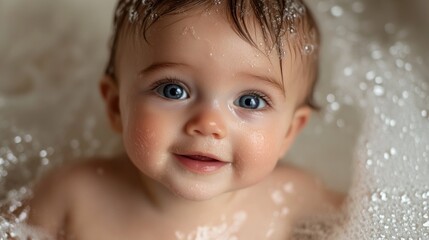 Tiny hands reach out as a joyful baby gazes upwards through a sea of bubbles, mesmerized by the playful water surrounding them. This moment captures pure innocence and wonder