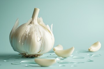 Garlic head with drops of liquid on a blue background