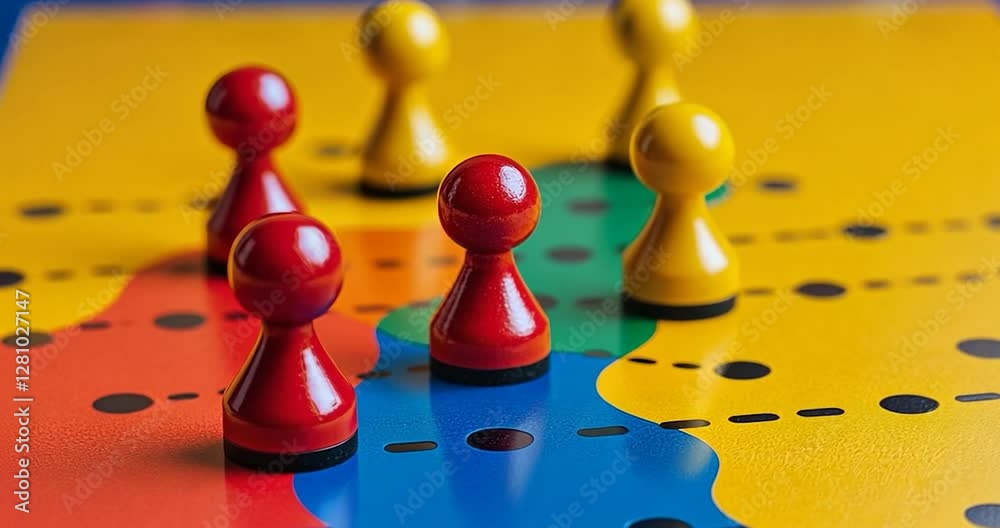 Poster Close Up Of Red And Yellow Pawns On A Colorful Game Board With Abstract Design and High Focus