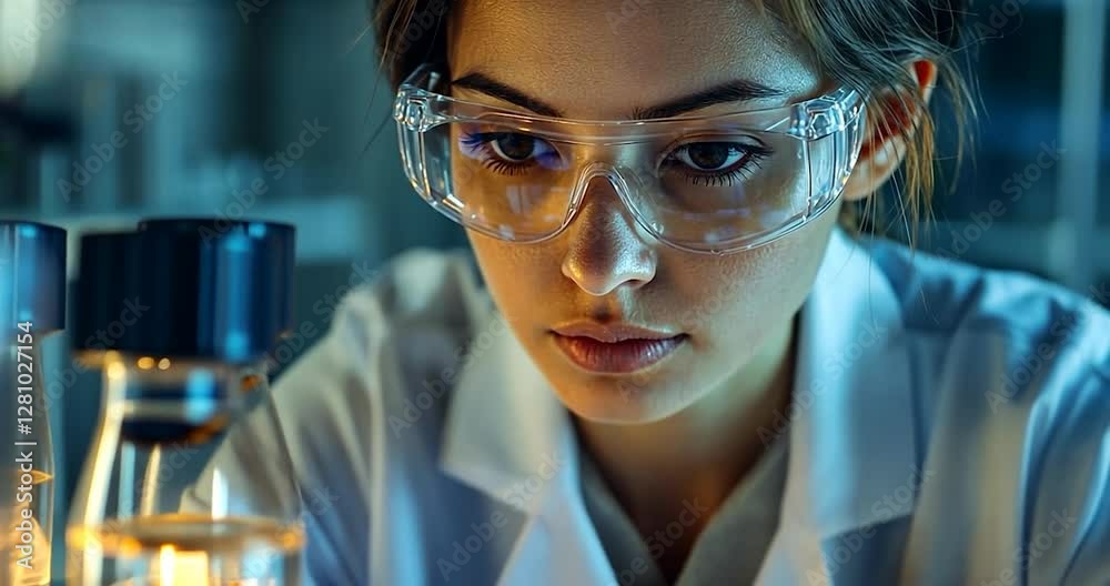 Aufkleber female scientist examining a microscope with a white lab coat in a laboratory