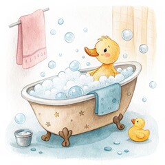 Naklejka premium Bath Time Bliss: An adorable yellow duckling enjoys a bubble bath, surrounded by soapy bubbles and the comforting elements of a cozy bathroom, creating a scene of playful cleanliness.