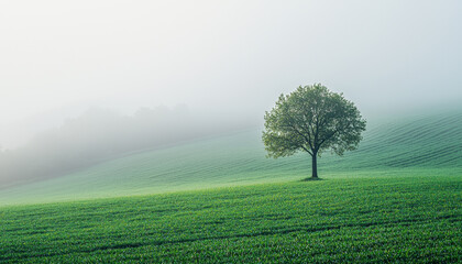 Obraz premium Global economic recovery. solitary tree stands in misty green field, evoking tranquility and peace