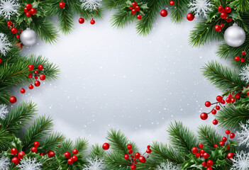 Christmas background frame with fir tree holly star and snow