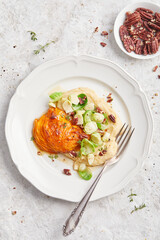 Butternut Squash Mille Feuille With Brussels Sprouts and Pureed Potato