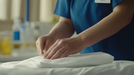 Female nurse cleaning bed in hospital ward, sanitizing room, and preparing for new patient. Healthcare professional in medical uniform maintaining hygiene in healthcare environment