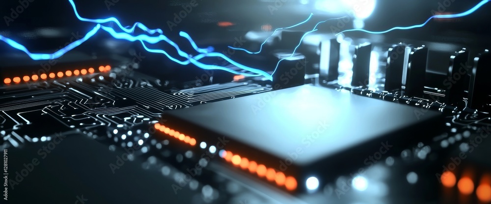 Poster conceptual 3d rendering of a futuristic circuit board featuring a glowing processor that transmits d