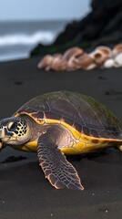 Obraz premium Majestic Sea Turtle on Black Sand Beach