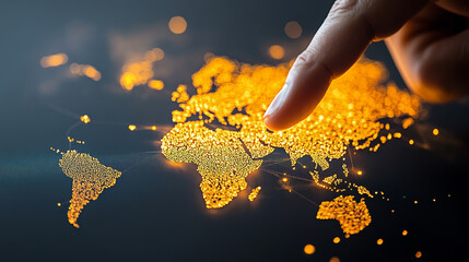 Hand pointing at illuminated world map with glowing dots representing cities, showcasing global connectivity and technology