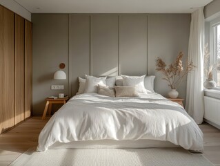 A modern bedroom displaying a minimalist style with nice decor