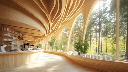 Modern Minimalist Restaurant Interior with Light Wood and Curved Lines