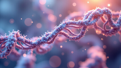A close-up image of a single molecule of semaglutide, a type 2 diabetes drug, with a focus on its helical structure.