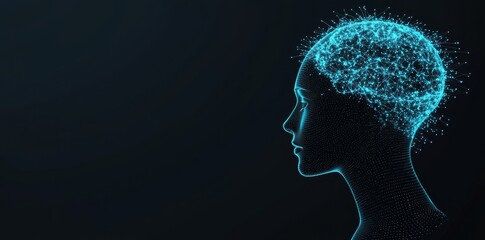 Obraz premium The concept of big data and stocks, represented by a machine learning and cyber mind domination theme, is depicted as a woman's face on a dark blue technological background in a 3D illustration