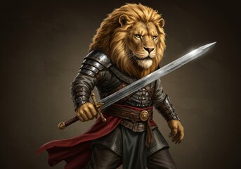 Fototapeta premium Regal lion warrior wielding sword in medieval armor stance