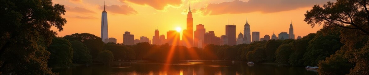 Golden hour light on Central Park, iconic Manhattan skyline backdrop , golden hour, cityscape, urban