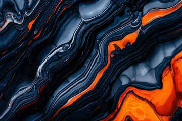 Obraz premium A marbleized pattern with modern and colorful flow elements is showcased on a poster with a black background and wave-like liquid shape