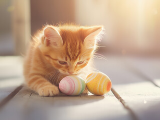Naklejka na ściany i meble Kitten engages in playful antics with colorful Easter eggs on a sunlit wooden surface