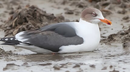 Fototapeta premium Stunning Closeup of a Black-legged Kittiwake Bird in Mud