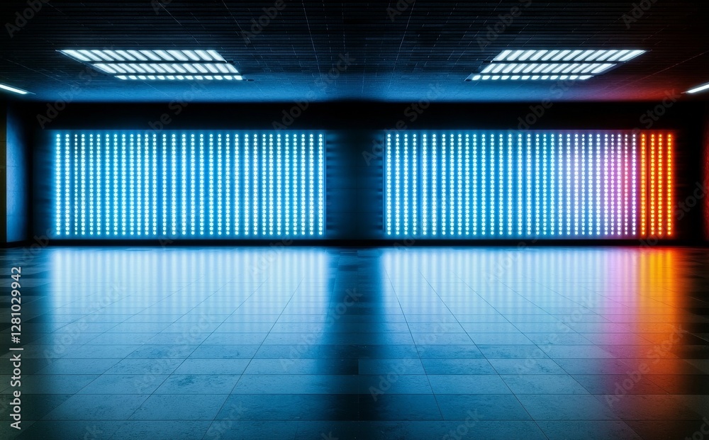 Poster futuristic sci-fi scene with a dark empty background and blue and purple neon lights created using 3