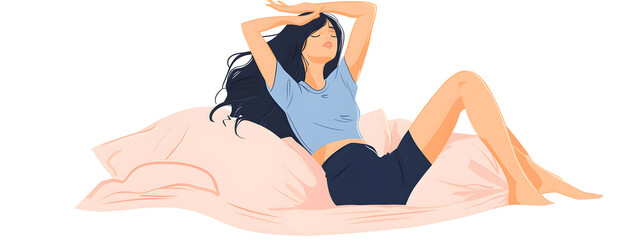A woman stretching in bed, cartoon-style vector illustration with pastel pink colors
