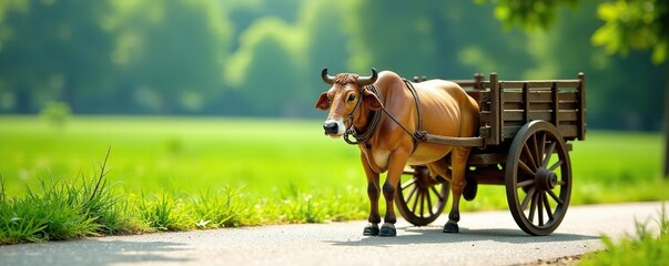 Wooden bullock cart on a white surface with lush greenery, nature, scenery