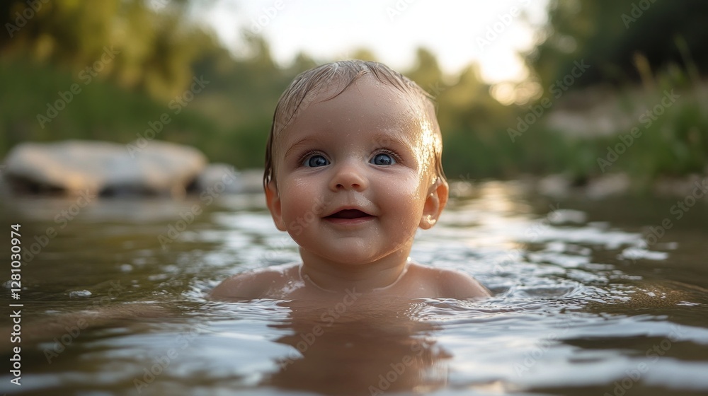 Poster bubbling with joy, a cheerful baby floats in gentle waters, gazing upward at the bright sky. surroun