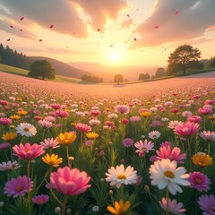 Obraz premium Spring flower meadow, vibrant wildflowers, lush green field, sunny countryside landscape