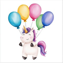 A cute unicorn holds colorful balloons, radiating joy and whimsy, perfect for celebrations or children's themes.
