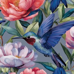 Obraz premium The seamless pattern of a floral watercolor design incorporates garden pink flowers, roses, leaves, birds, and branches, making it perfect for a botanic tile or background
