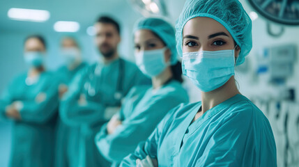 Medical doctor ER team, surgeon and anesthetist on medical clinic room background for emergency nursing care professional teamwork and patient trust in hospital's hospitality concept