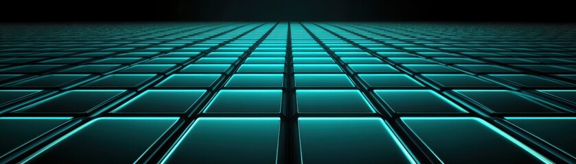 A futuristic grid of glowing tiles stretches into the distance, creating a digital landscape with a dark background.