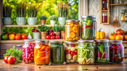 Colorful vegetable jars in a cozy kitchen, cozy kitchen, nature-inspired, cozy kitchen