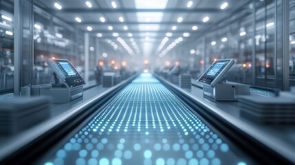 A modern, high-tech facility with illuminated conveyor belts and digital screens, emphasizing efficiency and automation in operations.