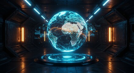Holographic world globe projection in a dark, futuristic tech environment
