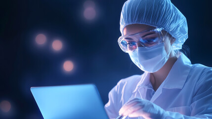 A scientist in protective gear using a laptop in a lab environment.