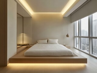 Modern bedroom with an elevated bed with a minimalist aesthetic