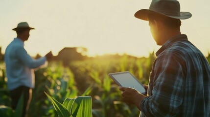 Farmers using technology in green field during sunset to enhance crop management and monitoring practices
