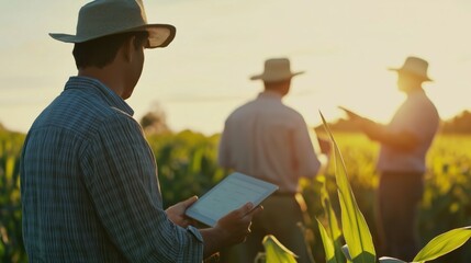 Farmers collaborating in a field during sunset while using technology for agricultural planning