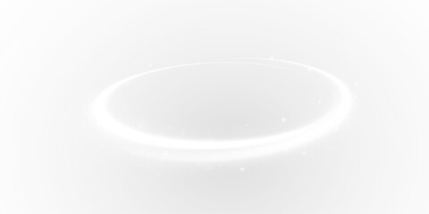 Luminous Circular Light Trail Hovering in a Foggy White Space, Radiating Elegance and Mystery with a Futuristic Glow, Representing Cosmic Motion and Timeless Energy Flow