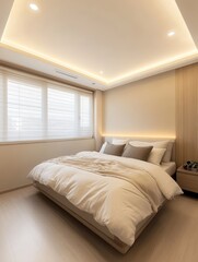 Modern bedroom with bed and soft lighting in this space