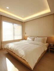 Bedroom features with large bed and sunlight from a window