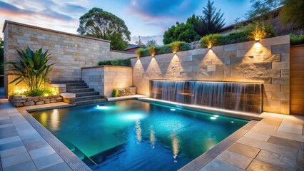 A sleek and modern swimming pool surrounded by marble floors and stone walls, with a waterfall feature cascading into a serene water garden at dusk, stone, ambient