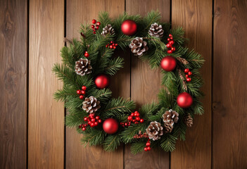 Christmas wreath close up winter break in a wooden background in the countryside